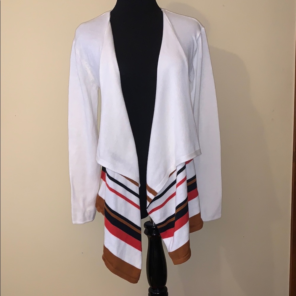 Lightweight White and Red Cardigan Sweater with Striped Hem Volcom - S.  Western